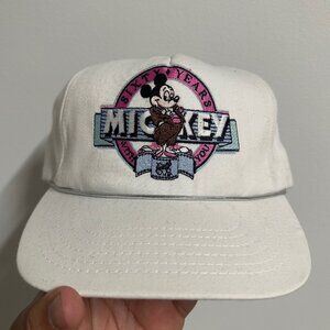 Vintage 80s Disney Mickey Mouse Leather Strapback Hat White 60 Years With You Fi